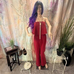 📌GB Here I come! Sexy Hot Red Strapless Jumpsuit Fitted Top Part